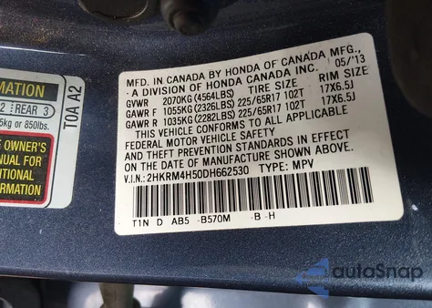 2013 Honda Cr-V Ex z USA, uszkodzony, nr VIN 2HKRM4H50DH662530